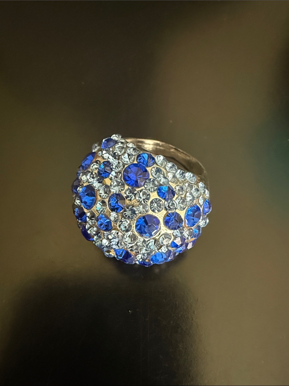 Silver-Tone Blue and Clear Crystal Dome Cocktail Ring